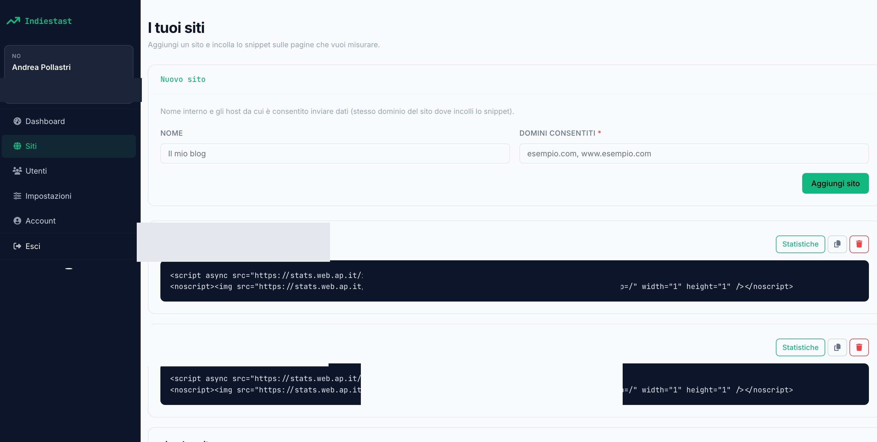 Site configuration with allowed domains and tracking snippet